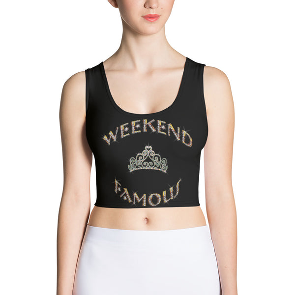 Weekend Famous Gold Lettering Faux Rhinestone Crop Top Black