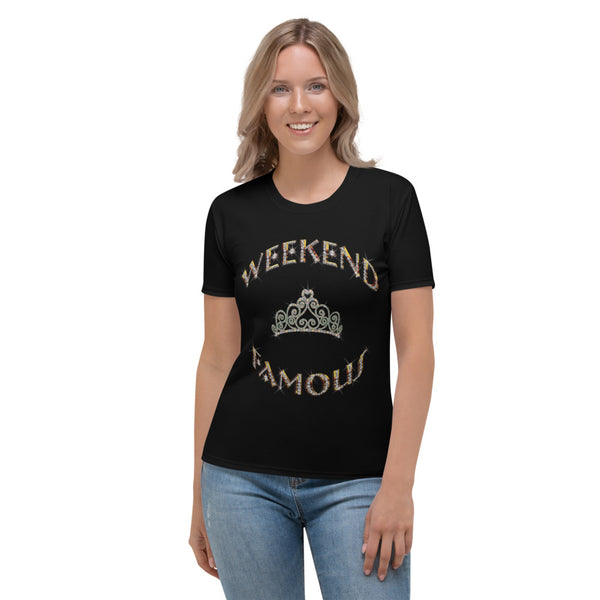 Weekend Famous Gold Lettering Faux Rhinestone Crown Women's T-shirt Black
