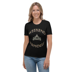 Weekend Famous Gold Lettering Faux Rhinestone Crown Women's T-shirt Black