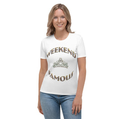 Weekend Famous Gold Lettering Faux Rhinestone Crown Women's T-shirt