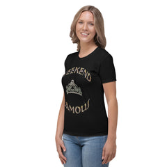 Weekend Famous Gold Lettering Faux Rhinestone Crown Women's T-shirt Black