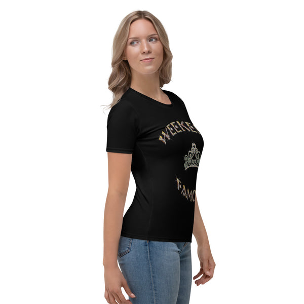 Weekend Famous Gold Lettering Faux Rhinestone Crown Women's T-shirt Black