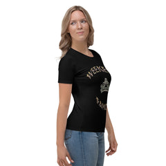 Weekend Famous Gold Lettering Faux Rhinestone Crown Women's T-shirt Black