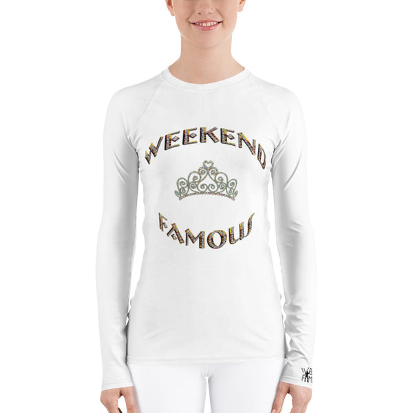 Weekend Famous Gold Lettering Faux Rhinestone Crown Women's Rash Guard
