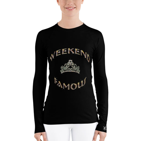 Weekend Famous Gold Lettering Faux Rhinestone Crown Women's Rash Guard