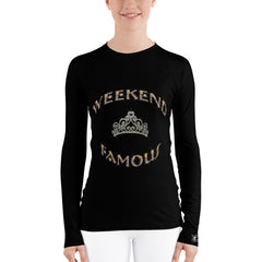 Weekend Famous Gold Lettering Faux Rhinestone Crown Women's Rash Guard