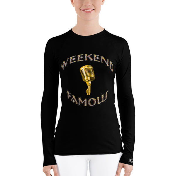 Weekend Famous Gold Lettering with Microphone Women's Rash Guard
