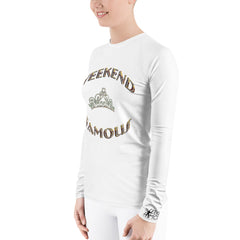 Weekend Famous Gold Lettering Faux Rhinestone Crown Women's Rash Guard