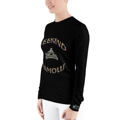 Weekend Famous Gold Lettering Faux Rhinestone Crown Women's Rash Guard