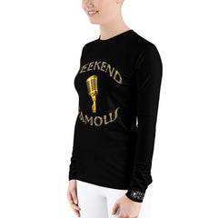 Weekend Famous Gold Lettering with Microphone Women's Rash Guard