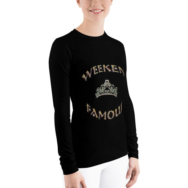 Weekend Famous Gold Lettering Faux Rhinestone Crown Women's Rash Guard