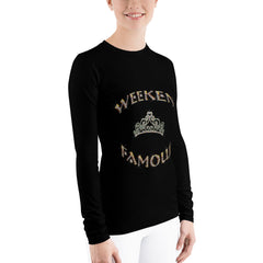 Weekend Famous Gold Lettering Faux Rhinestone Crown Women's Rash Guard