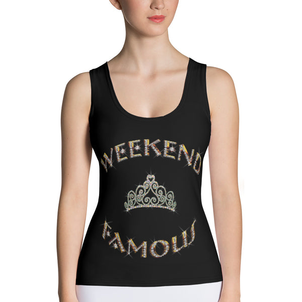 Weekend Famous Gold Lettering Faux Rhinestone Crown Tank Top Black