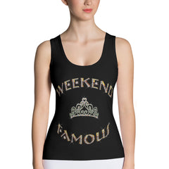 Weekend Famous Gold Lettering Faux Rhinestone Crown Tank Top Black
