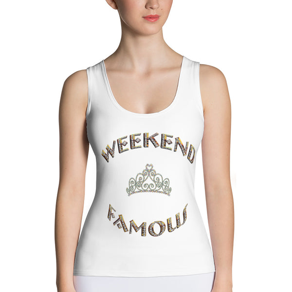 Weekend Famous Gold Lettering Faux Rhinestone Crown Tank Top White