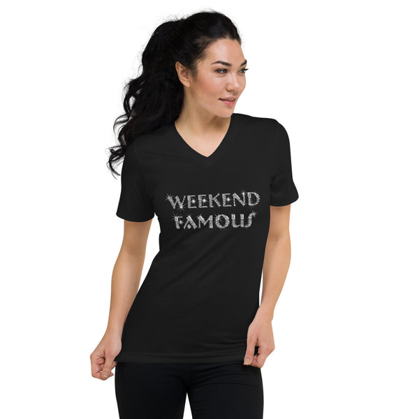 Faux Rhinestone Weekend Famous  Unisex Short Sleeve V-Neck T-Shirt