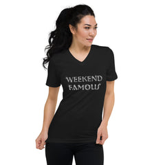 Faux Rhinestone Weekend Famous  Unisex Short Sleeve V-Neck T-Shirt