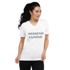 Faux Rhinestone Weekend Famous  Unisex Short Sleeve V-Neck T-Shirt